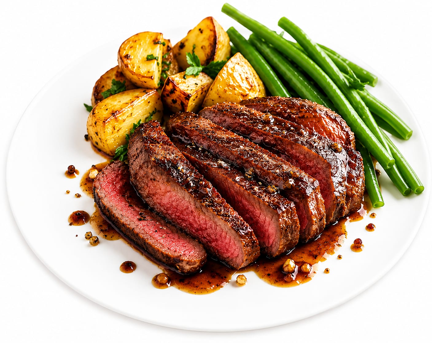 Sliced steak with roasted potatoes and green beans on a white plate